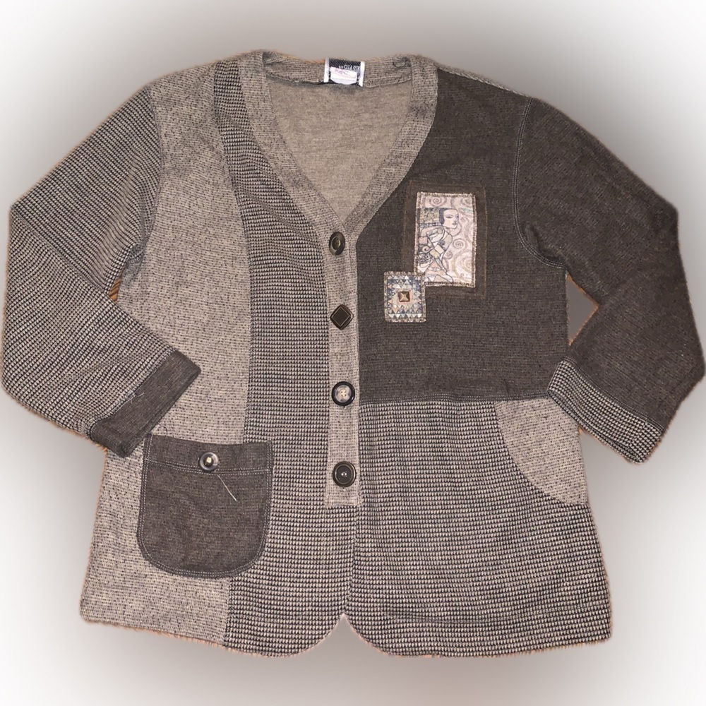 Vintage Eclectic Patchwork Grandpa Asymmetrical Sweater Nancy Bolen Cardigan M